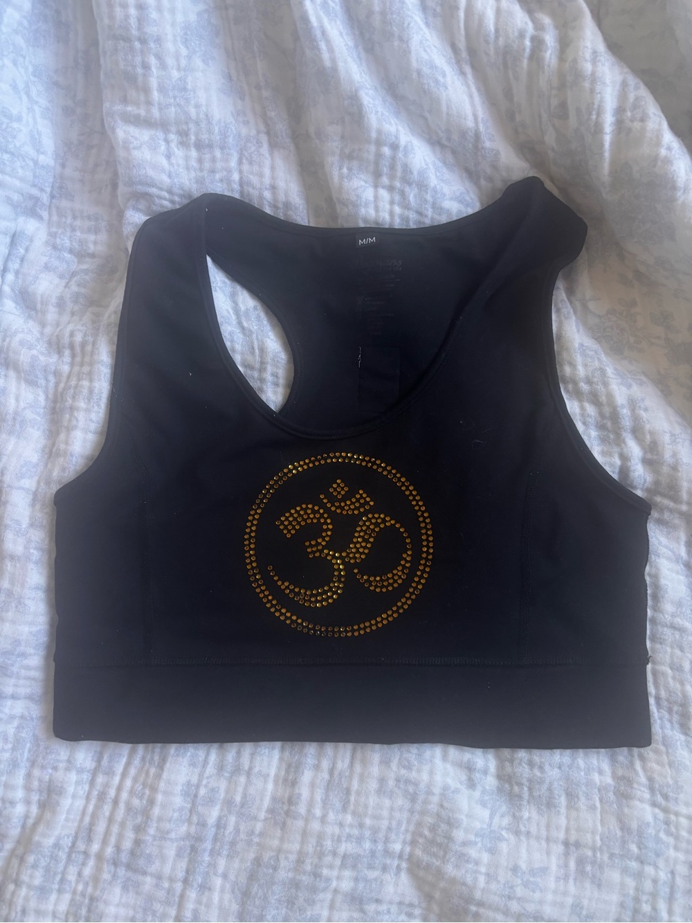 Black Women's Racerback Yoga Crop Tank with Gold OM Accent